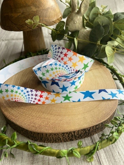 Beautiful Bright Coloured Rainbow Stars Print Design Grosgrain Ribbon