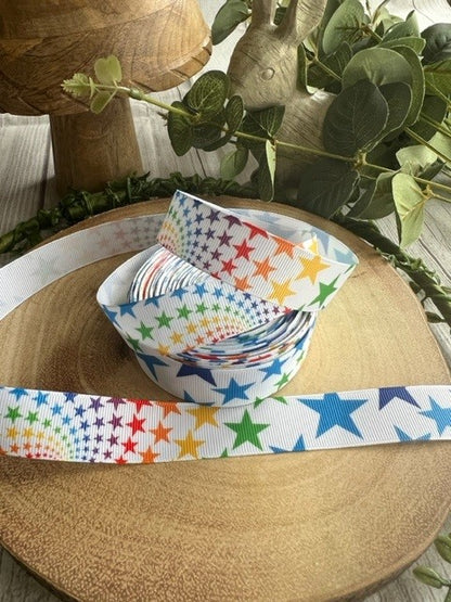 Beautiful Bright Coloured Rainbow Stars Print Design Grosgrain Ribbon