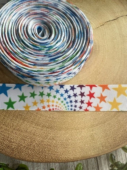 Beautiful Bright Coloured Rainbow Stars Print Design Grosgrain Ribbon