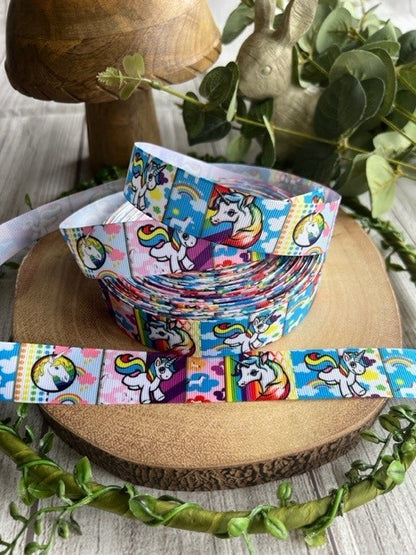 Beautiful Bright Coloured Rainbow & Unicorn Print Design Grosgrain Ribbon