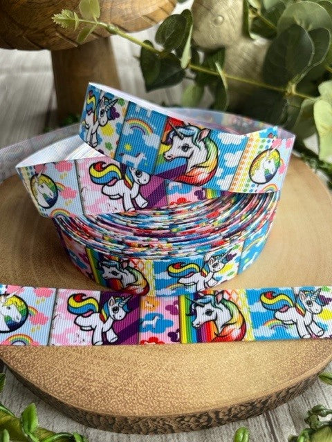 Beautiful Bright Coloured Rainbow & Unicorn Print Design Grosgrain Ribbon