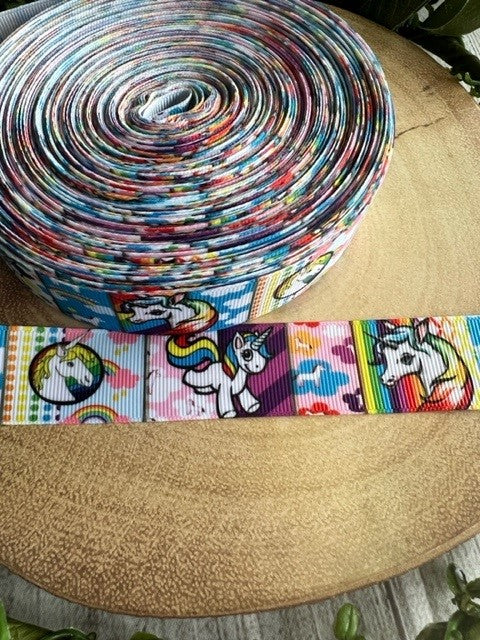 Beautiful Bright Coloured Rainbow & Unicorn Print Design Grosgrain Ribbon