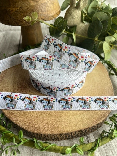 Beautiful Bright Coloured Rainbow Unicorn & Headphone Hearts Print Design Grosgrain Ribbon