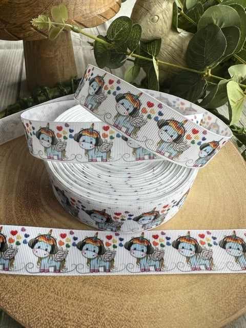 Beautiful Bright Coloured Rainbow Unicorn & Headphone Hearts Print Design Grosgrain Ribbon