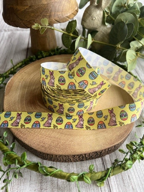 Beautiful Bright Yellow Easter Bunny with Patterned Eggs Design Grosgrain Ribbon